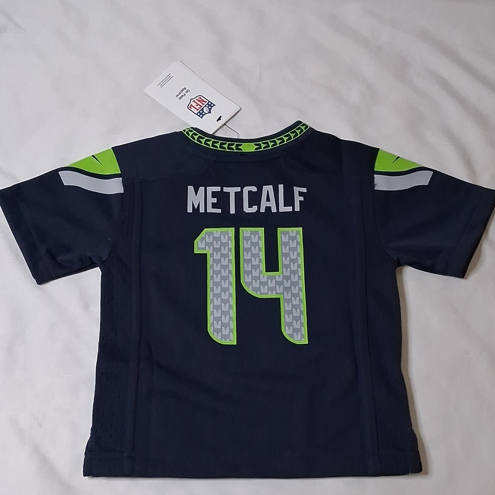 Nike Kids Navy and Neon Green Seattle Seahawks #14 Metcalf Football Jersey - Picture 2 of 4